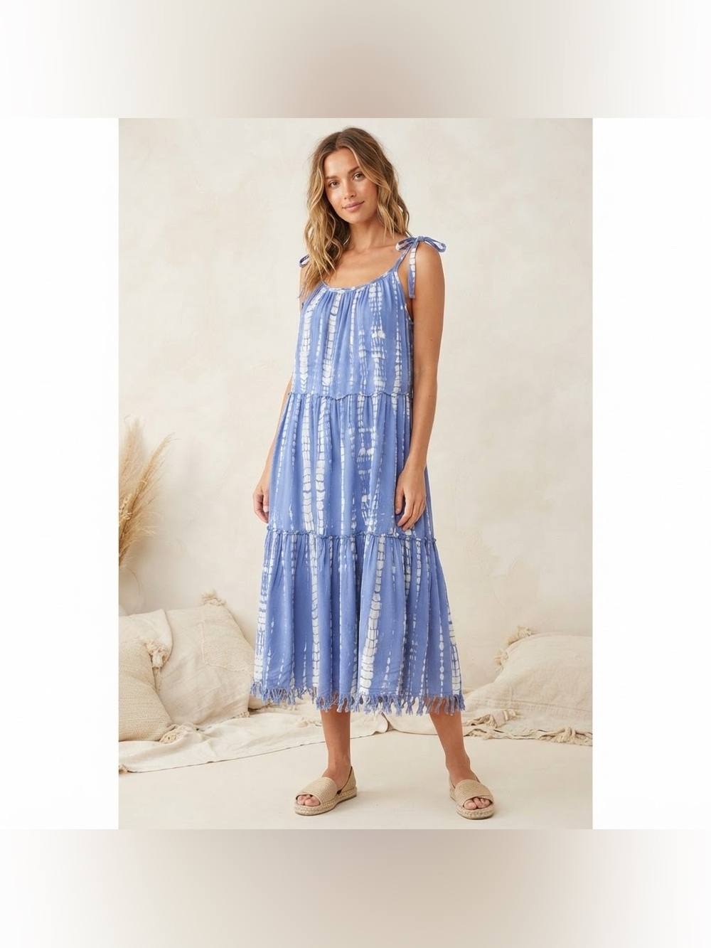 Blue Island Blue and White Tie Dye Tiered Midi Dress Size Extra Large Tassel